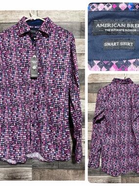 American Breed Men’s L Smart Shirt Stretch Geometric Button Up Cotton Blend